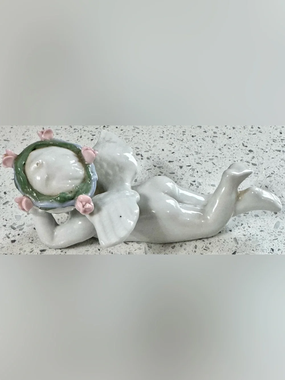White Ceramic Reclining Cherub Angel Figurine Pink Rose Wreath Cottagecore Decor